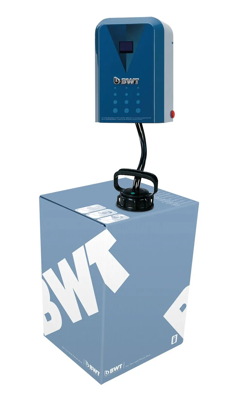 BWT Dosiergerät in blauer Ausführung, montiert auf einem grauen Karton, mit einem Display und einer Verbindungsschlauchöffnung. Anweisungen für die Nutzung sind auf dem Karton sichtbar.